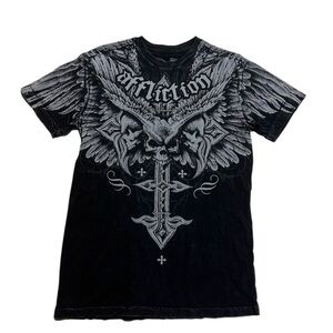 Affliction Men's Black and Gray Winged Cross Tee